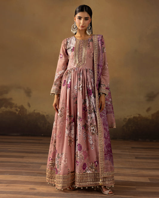 Digital Printed Fancy Chamki Lawn Shirt with  Digital Printed Readymade Fancy Embroidered Four Side Patti Dupatta and Dyed Lawn Trouser