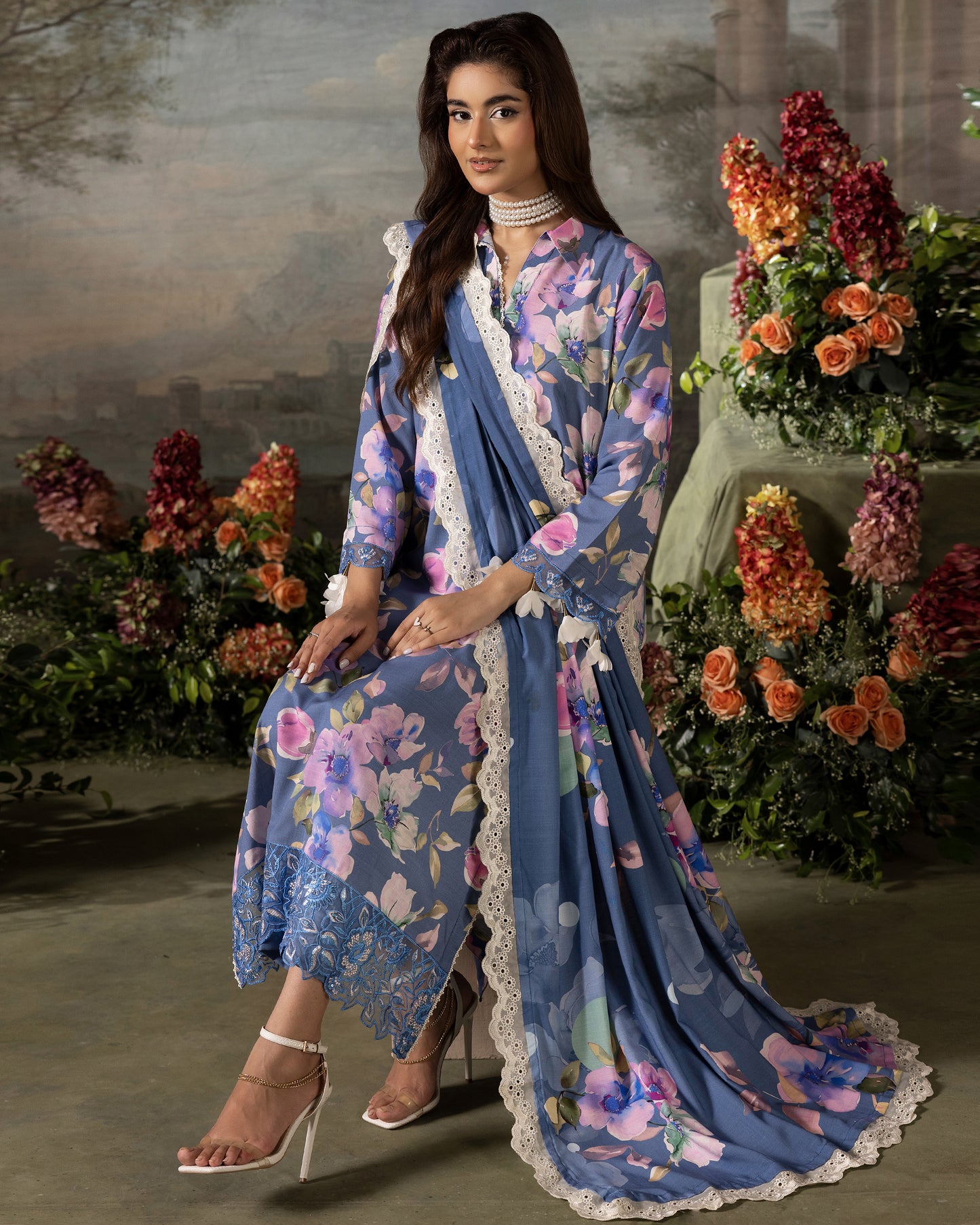 Printed Slub Stapple Shirt With Printed Slub Stapple Dupatta