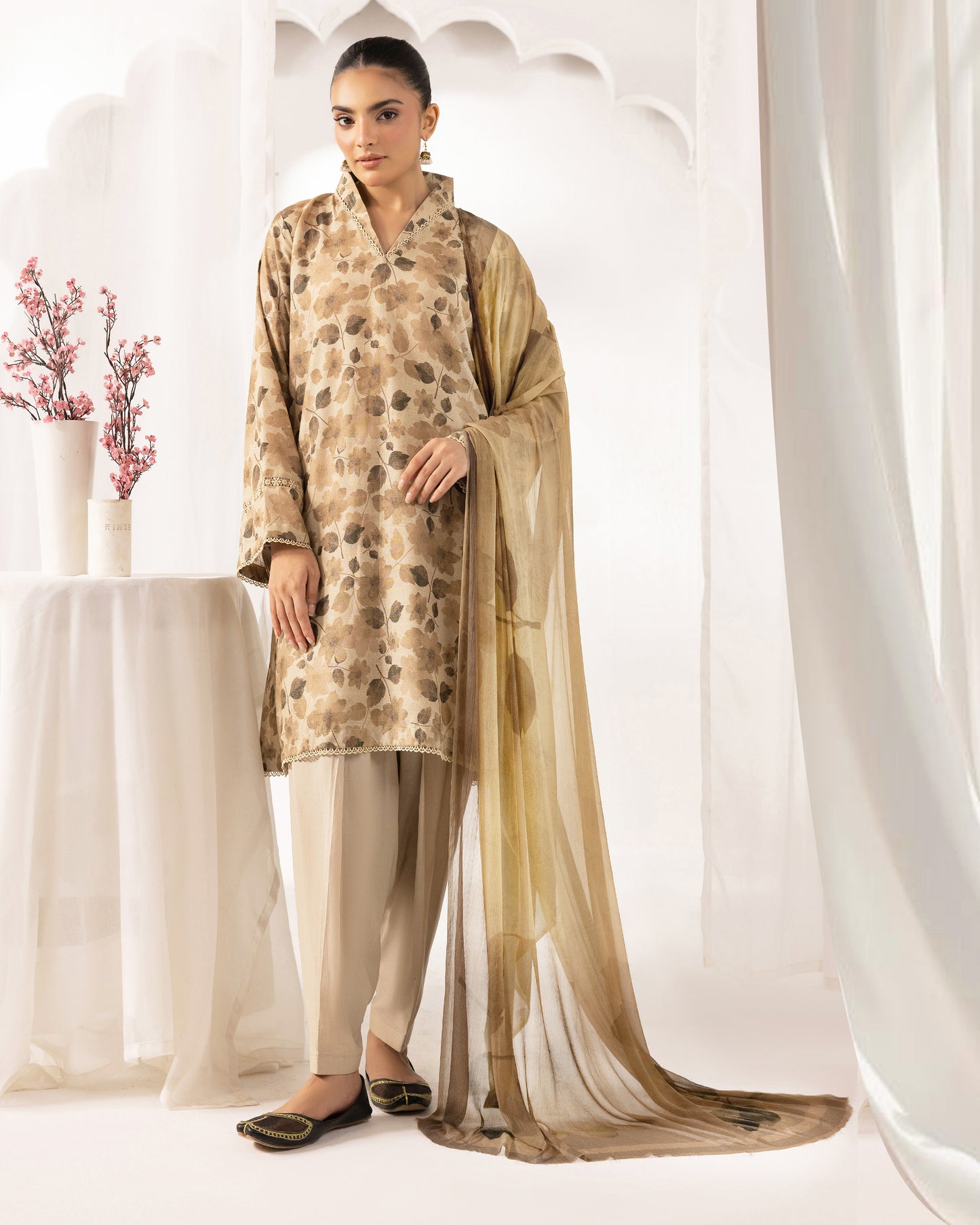 Digital Printed Karandi Shirt With Digital Printed Crinkle Dupatta & Karandi Dyed Trouser