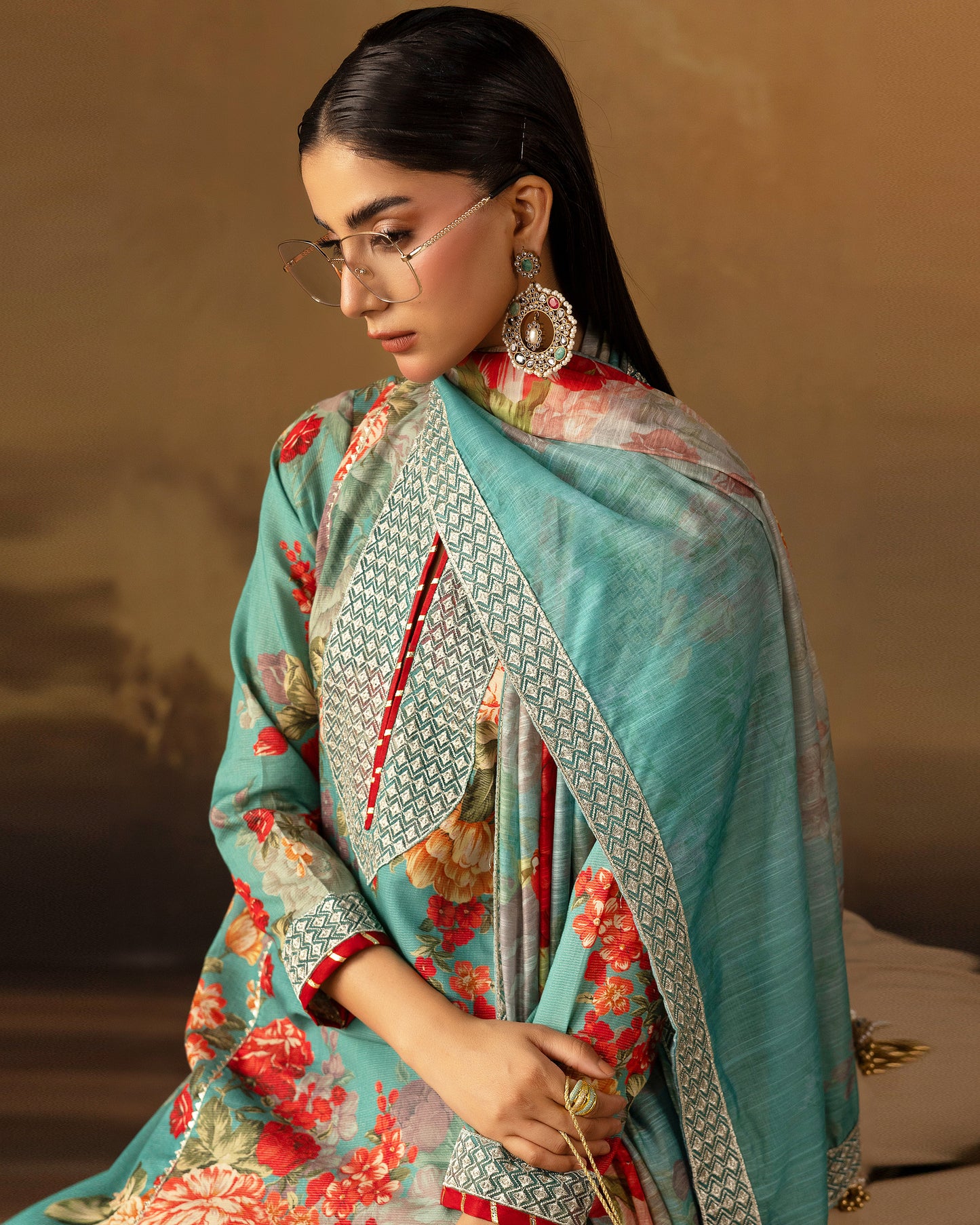Digital Printed Fancy Chamki Lawn Shirt with  Digital Printed Readymade Fancy Embroidered Four Side Patti Dupatta and Dyed Lawn Trouser