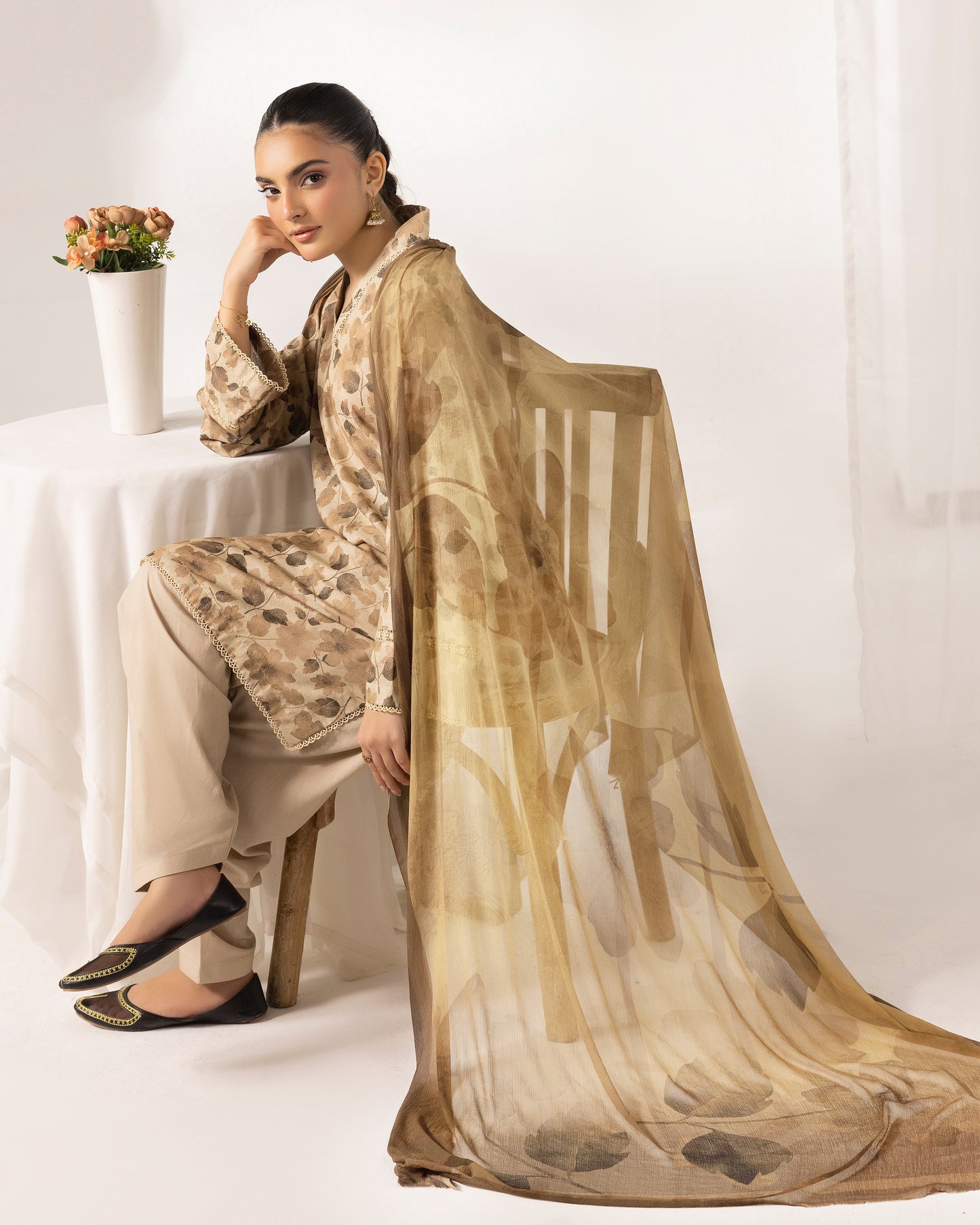 Digital Printed Karandi Shirt With Digital Printed Crinkle Dupatta & Karandi Dyed Trouser