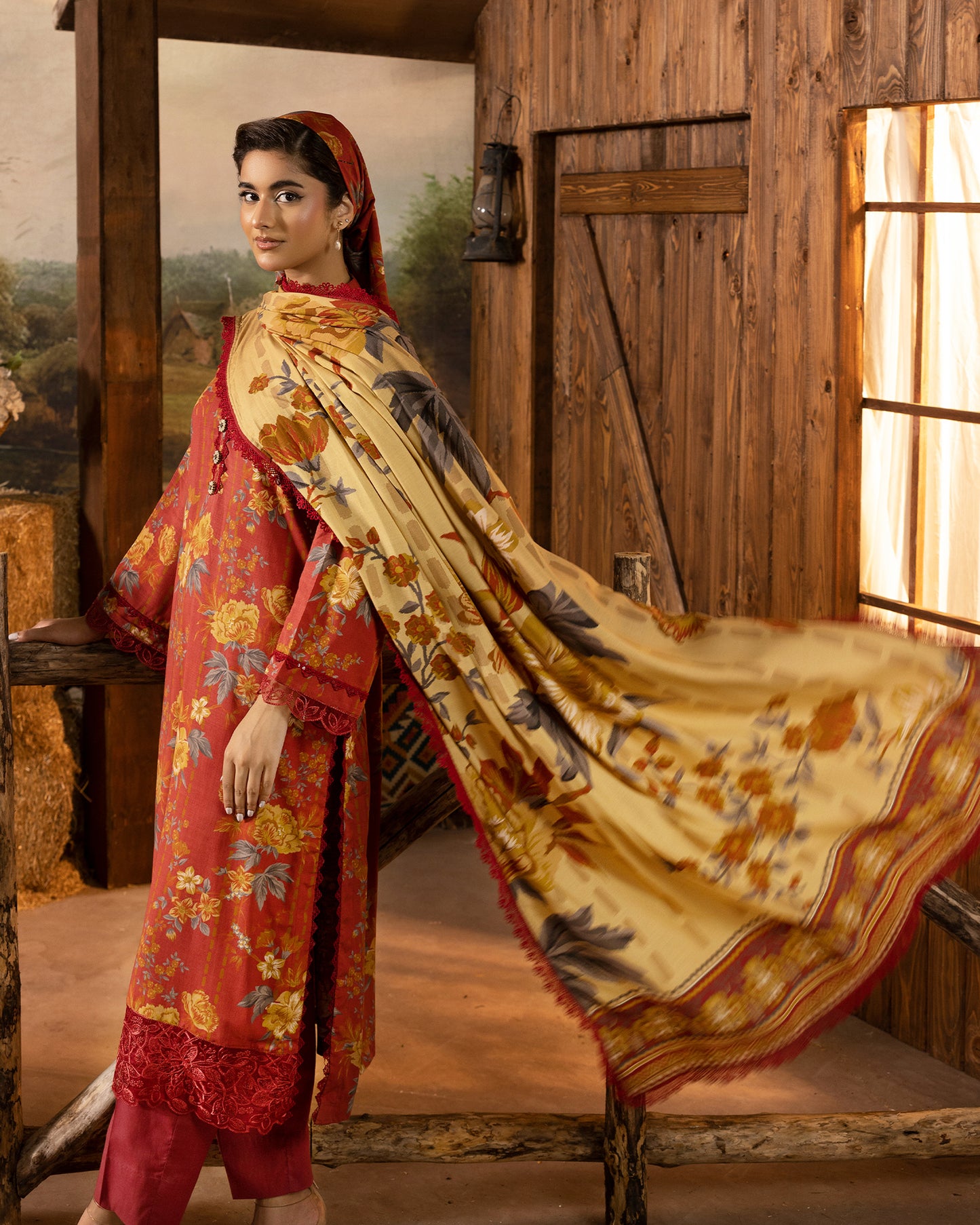 Printed Slub Stapple Shirt With Printed Slub Stapple Dupatta