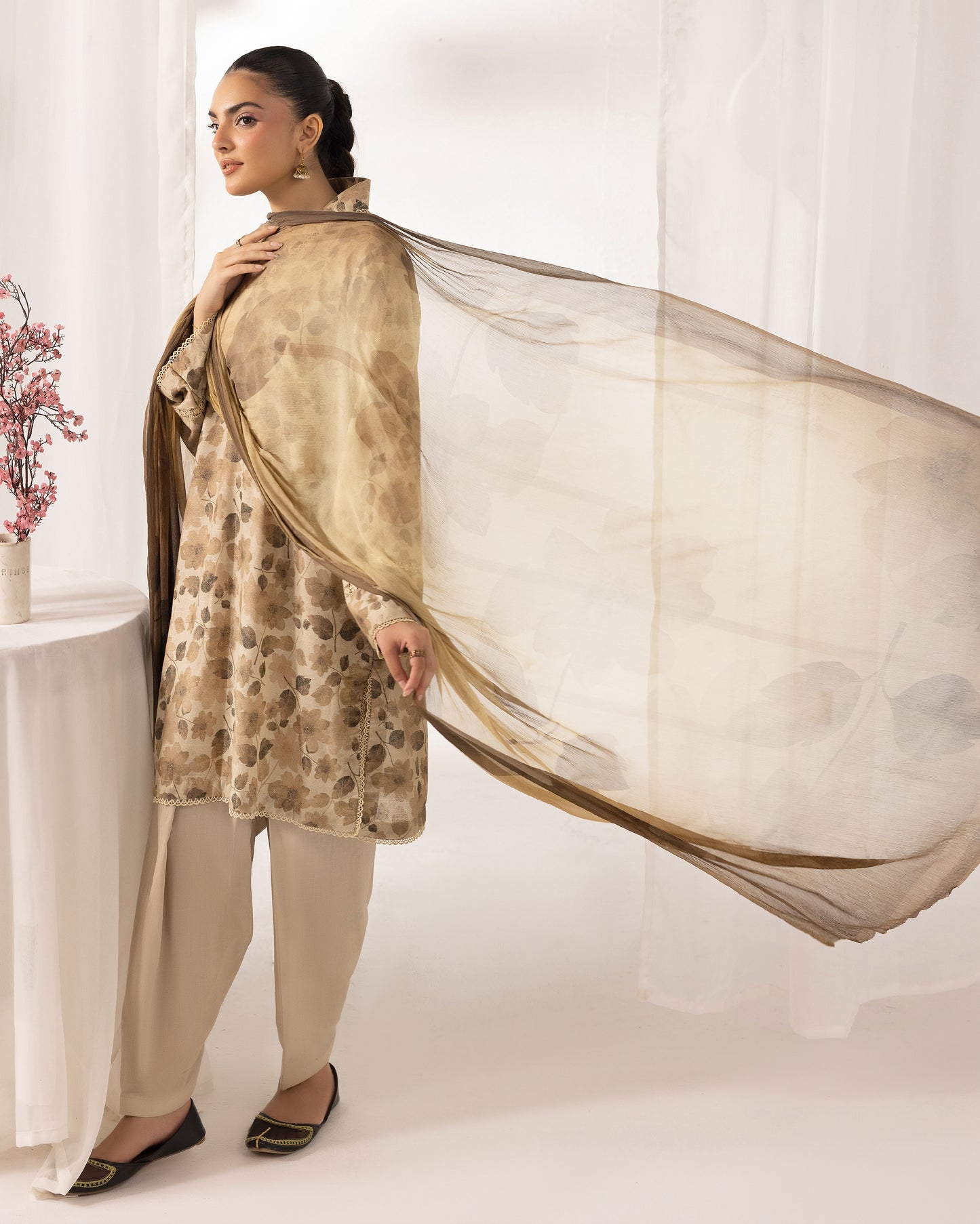 Digital Printed Karandi Shirt With Digital Printed Crinkle Dupatta & Karandi Dyed Trouser