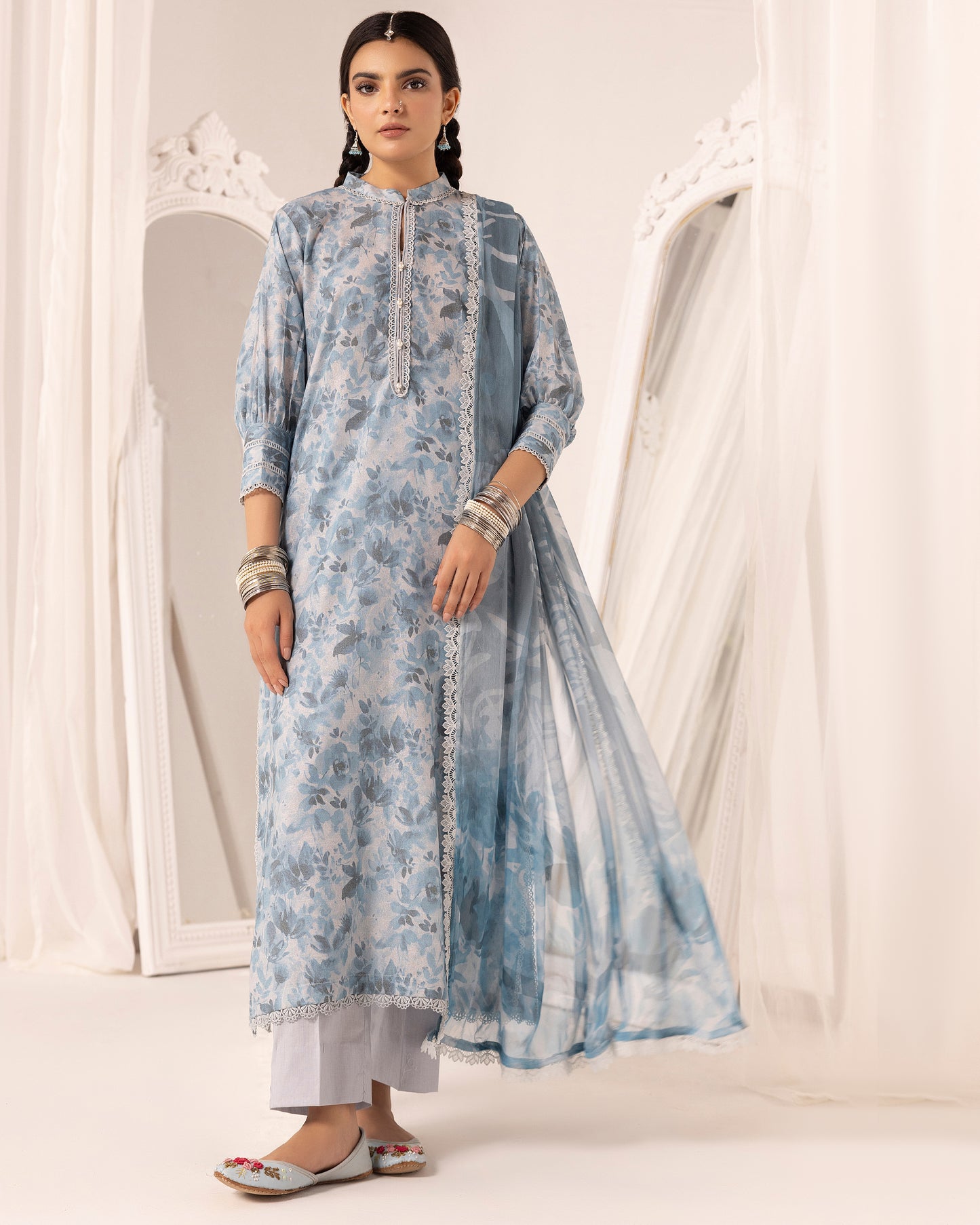 Digital Printed Karandi Shirt With Digital Printed Crinkle Dupatta & Karandi Dyed Trouser
