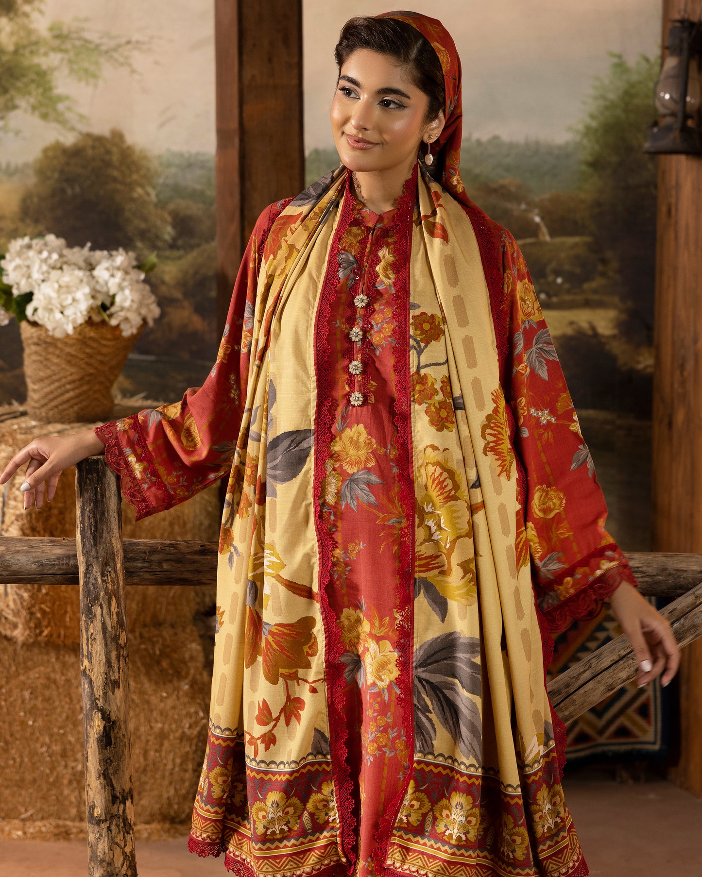 Printed Slub Stapple Shirt With Printed Slub Stapple Dupatta