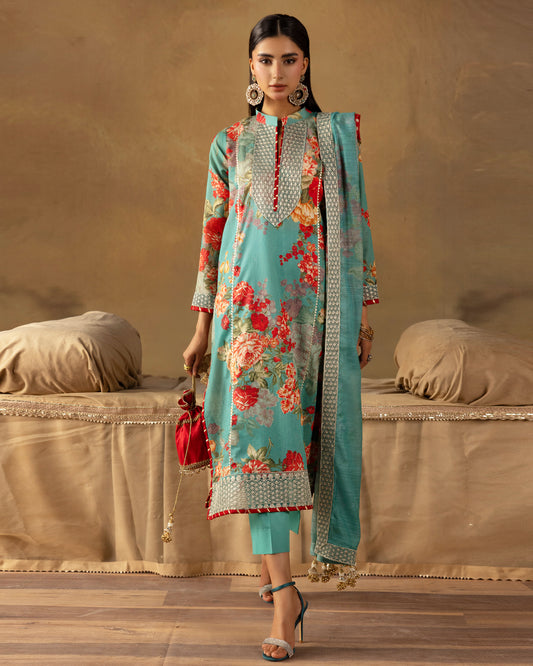 Digital Printed Fancy Chamki Lawn Shirt with  Digital Printed Readymade Fancy Embroidered Four Side Patti Dupatta and Dyed Lawn Trouser