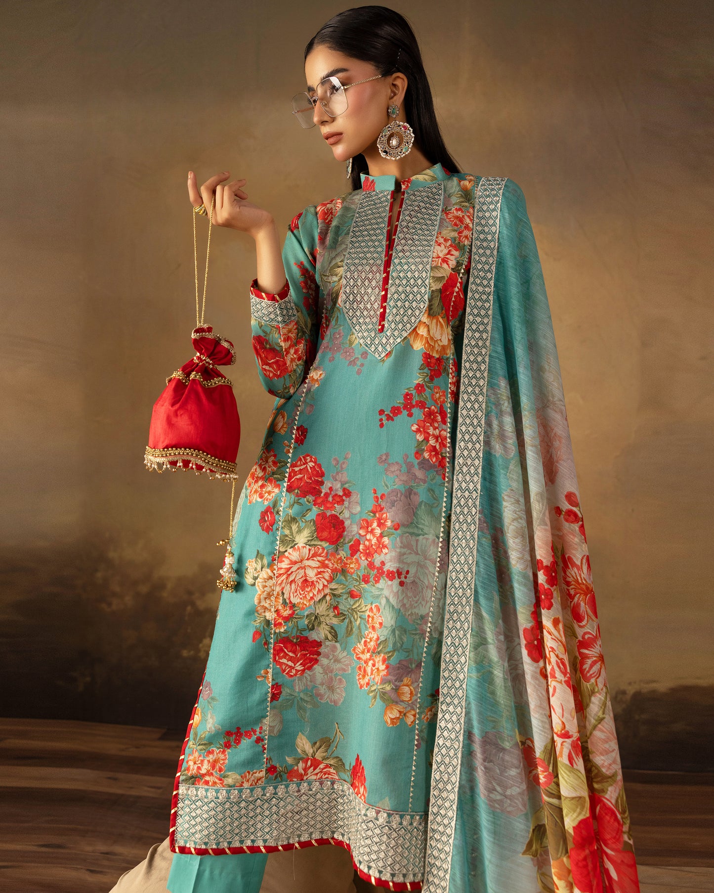 Digital Printed Fancy Chamki Lawn Shirt with  Digital Printed Readymade Fancy Embroidered Four Side Patti Dupatta and Dyed Lawn Trouser