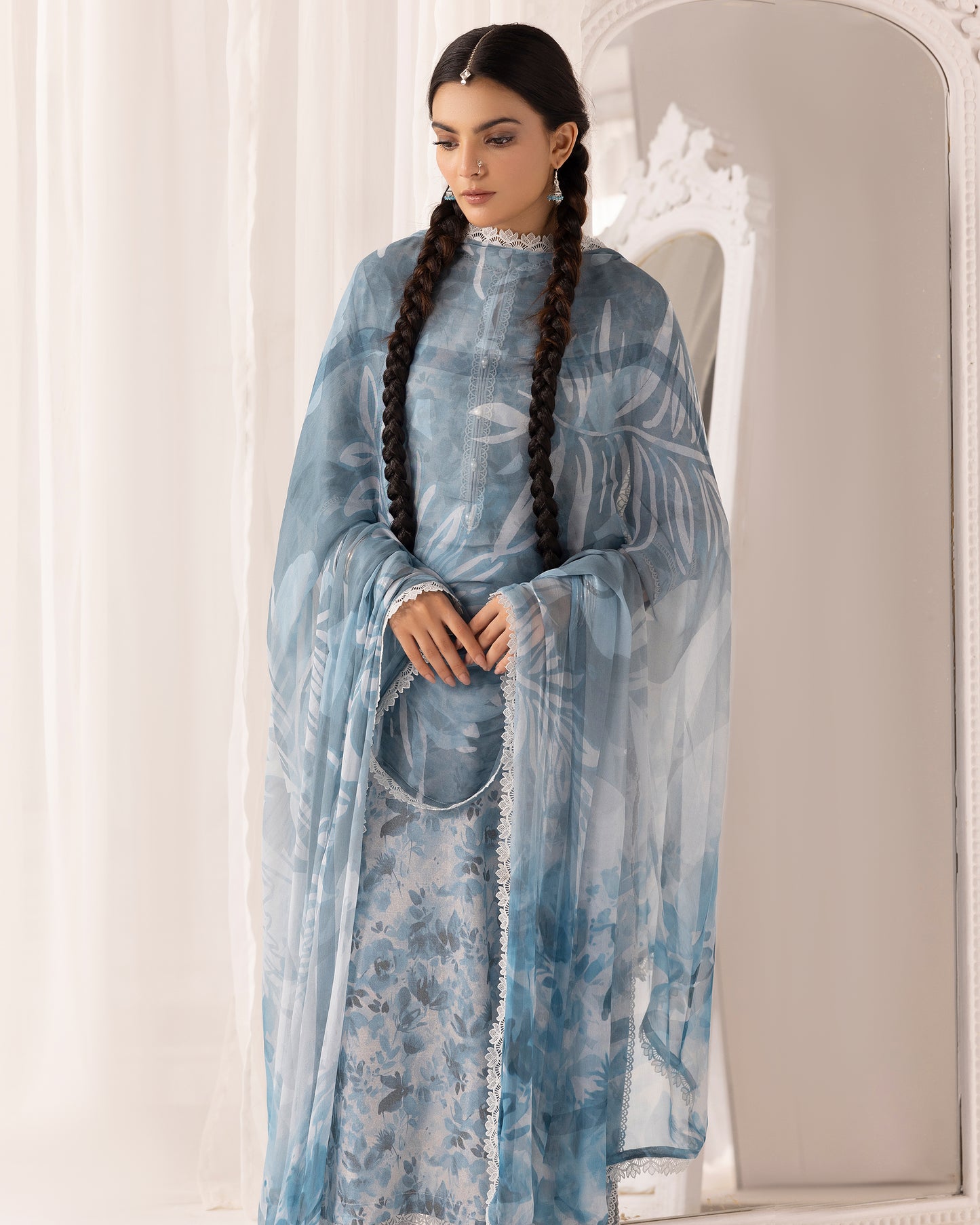 Digital Printed Karandi Shirt With Digital Printed Crinkle Dupatta & Karandi Dyed Trouser