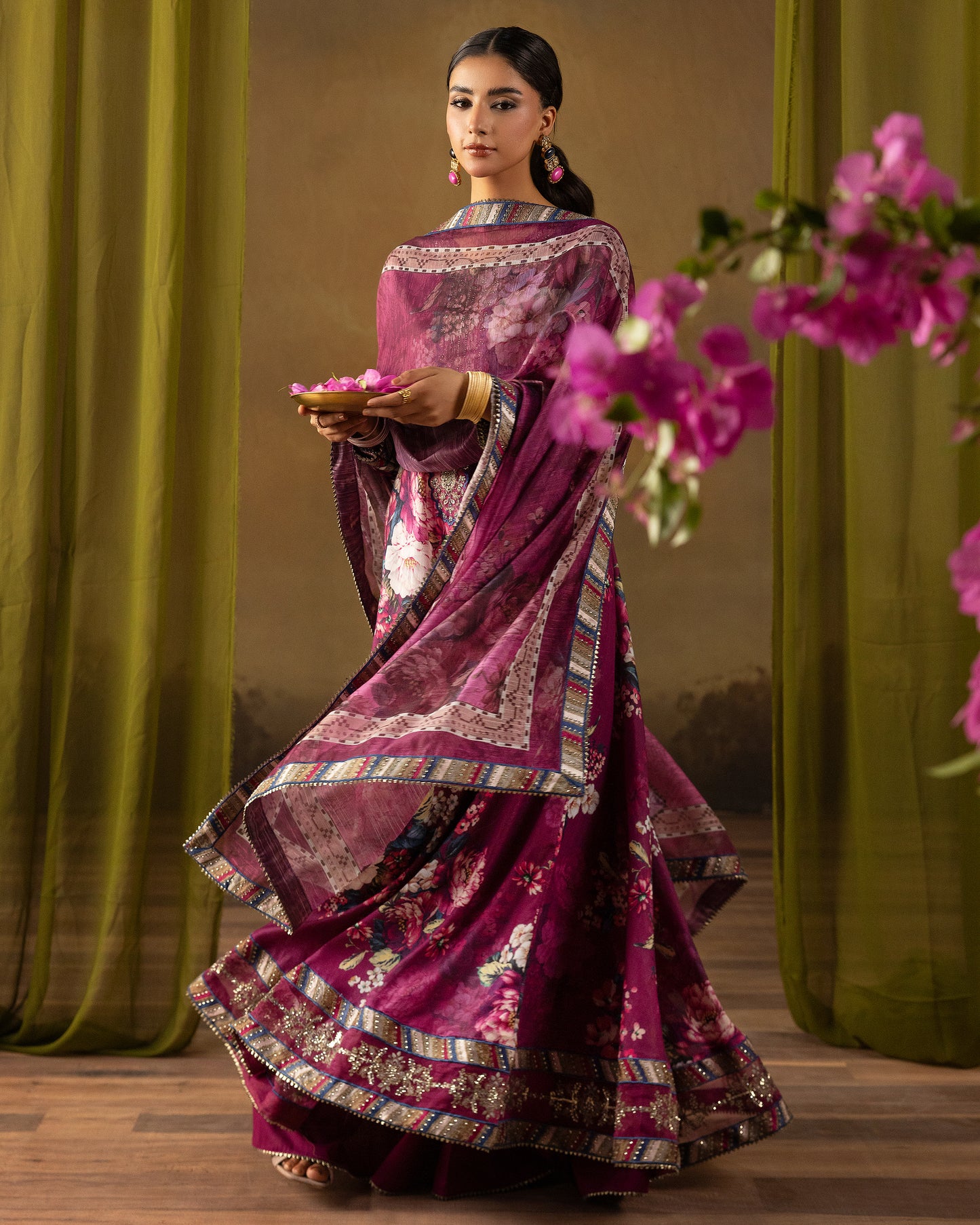 Digital Printed Fancy Chamki Lawn Shirt with  Digital Printed Readymade Fancy Embroidered Four Side Patti Dupatta and Dyed Lawn Trouser