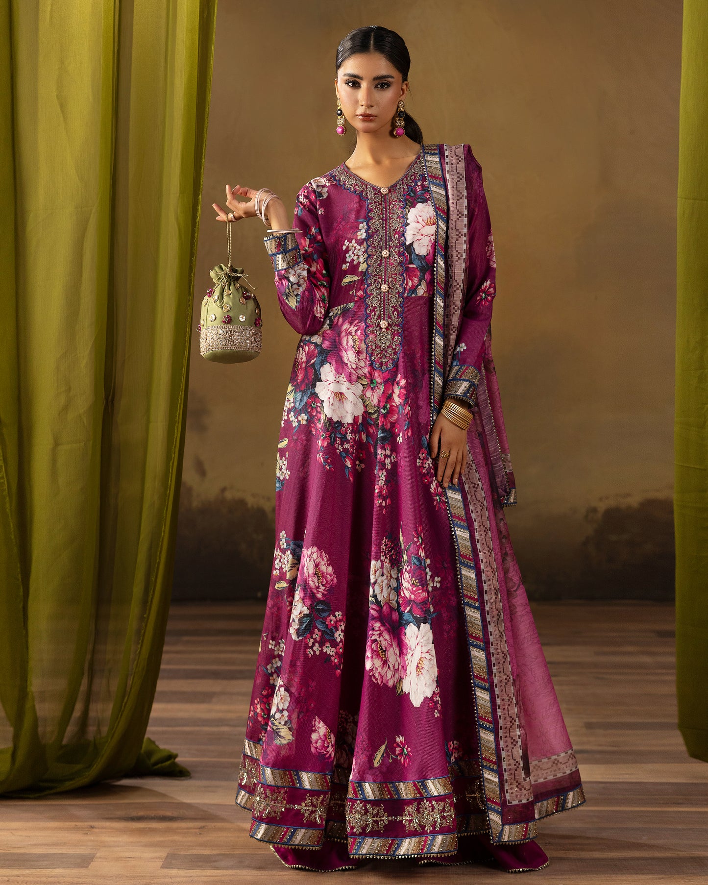 Digital Printed Fancy Chamki Lawn Shirt with  Digital Printed Readymade Fancy Embroidered Four Side Patti Dupatta and Dyed Lawn Trouser