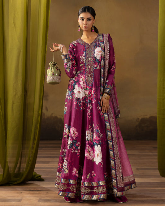 Digital Printed Fancy Chamki Lawn Shirt with  Digital Printed Readymade Fancy Embroidered Four Side Patti Dupatta and Dyed Lawn Trouser