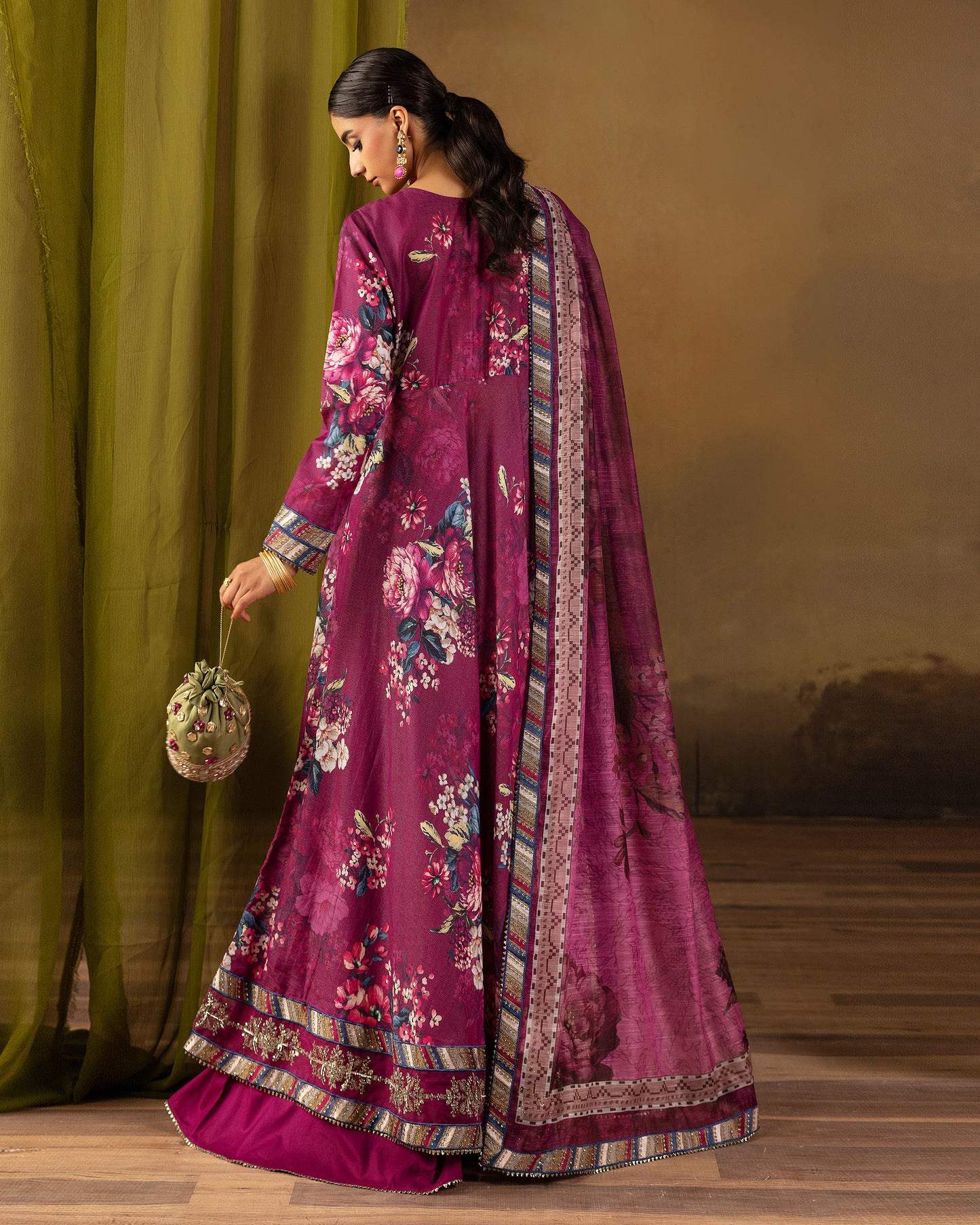 Digital Printed Fancy Chamki Lawn Shirt with  Digital Printed Readymade Fancy Embroidered Four Side Patti Dupatta and Dyed Lawn Trouser