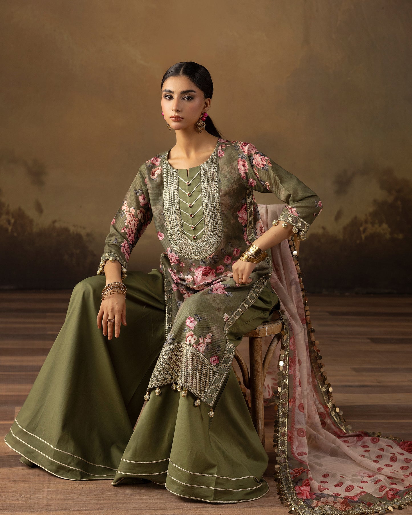 Digital Printed Fancy Chamki Lawn Shirt with  Digital Printed Readymade Fancy Embroidered Four Side Patti Dupatta and Dyed Lawn Trouser