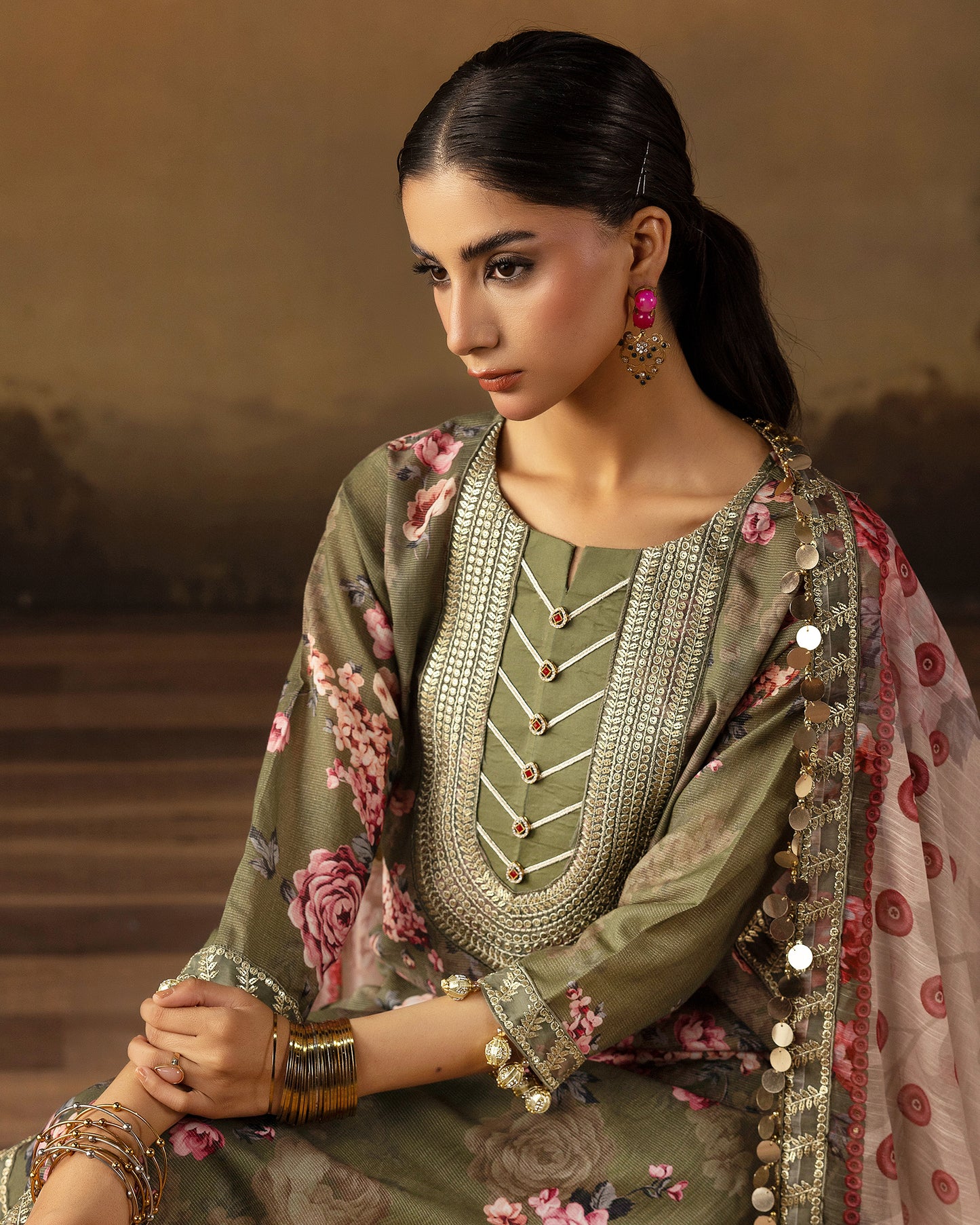Digital Printed Fancy Chamki Lawn Shirt with  Digital Printed Readymade Fancy Embroidered Four Side Patti Dupatta and Dyed Lawn Trouser