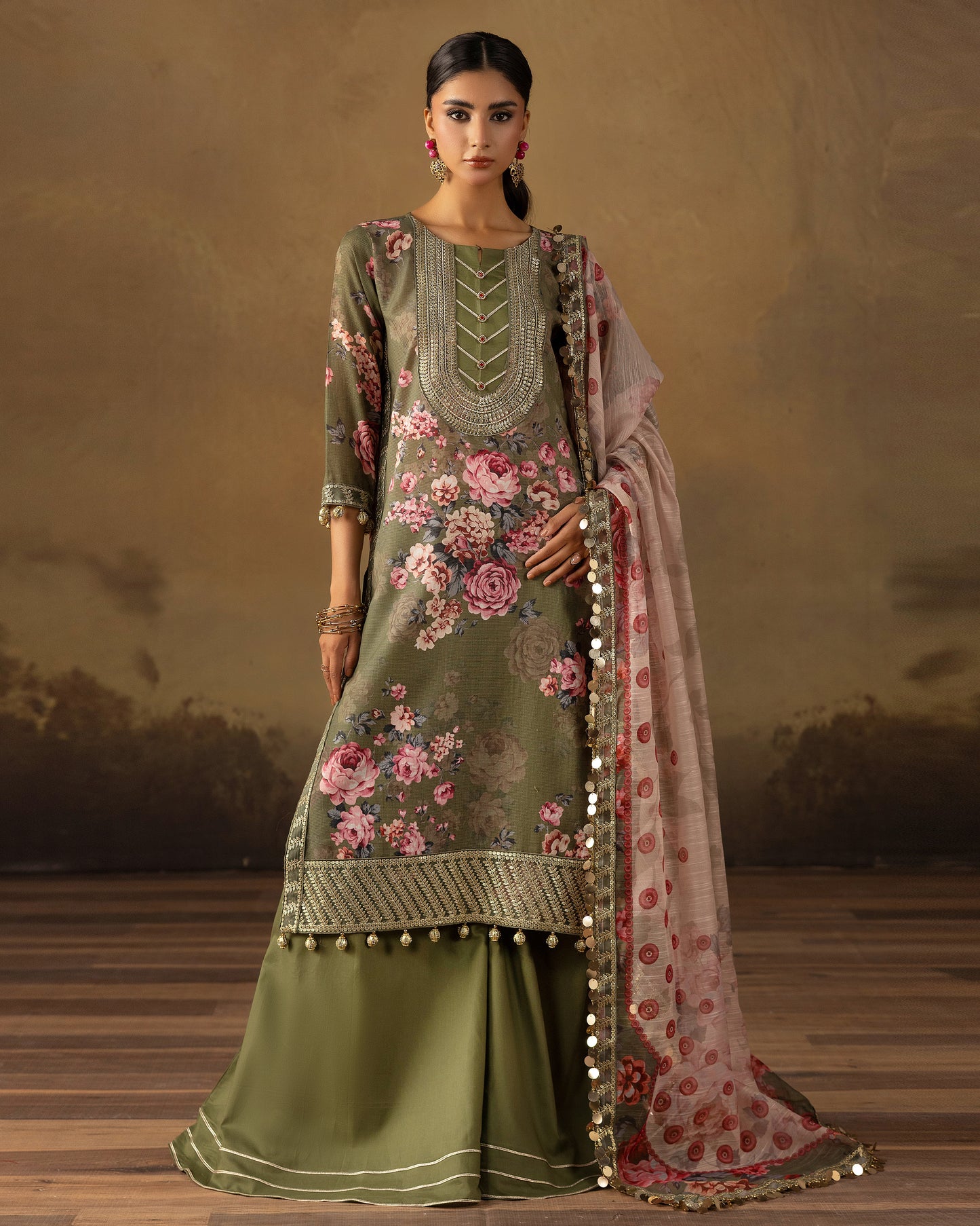Digital Printed Fancy Chamki Lawn Shirt with  Digital Printed Readymade Fancy Embroidered Four Side Patti Dupatta and Dyed Lawn Trouser