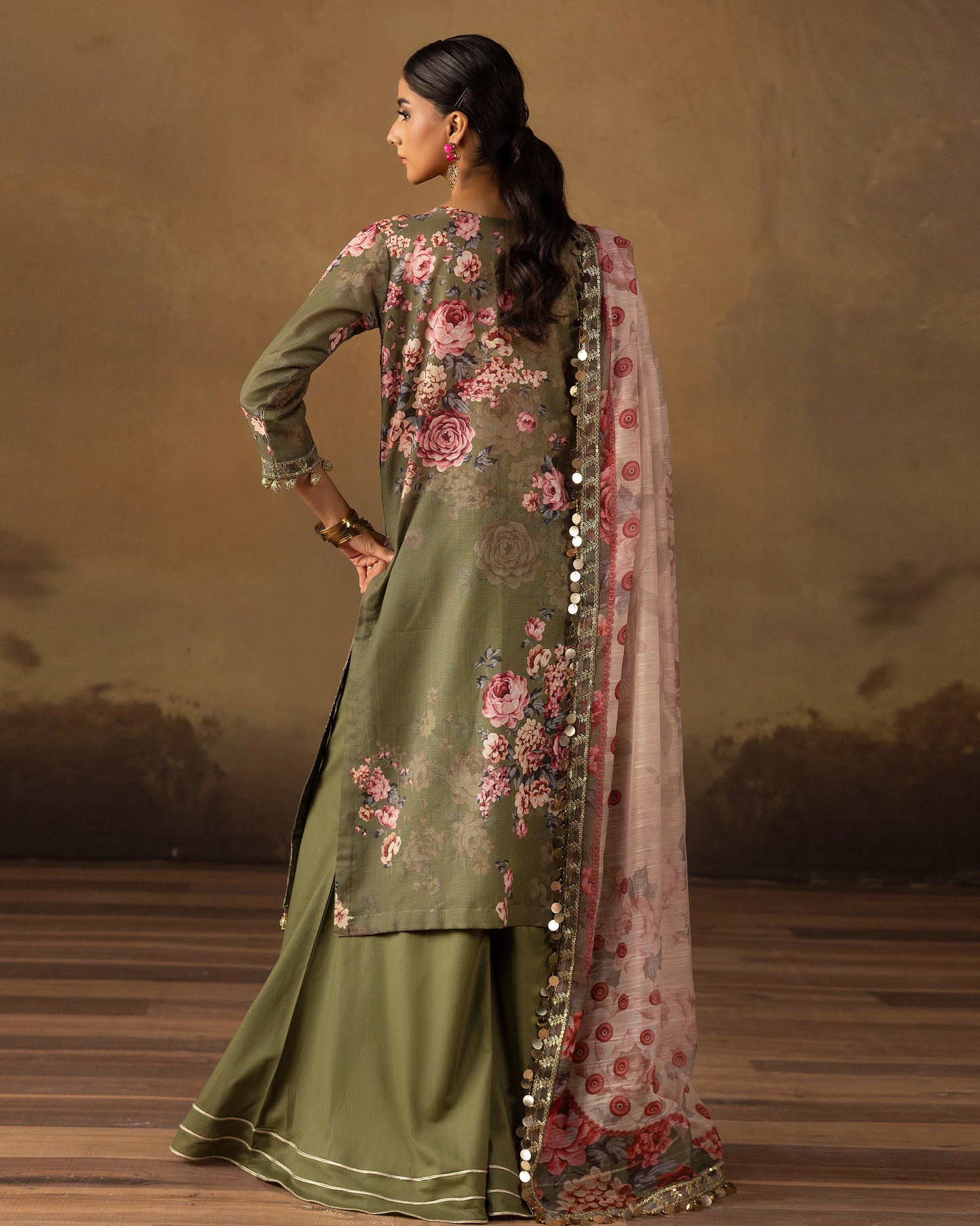 Digital Printed Fancy Chamki Lawn Shirt with  Digital Printed Readymade Fancy Embroidered Four Side Patti Dupatta and Dyed Lawn Trouser