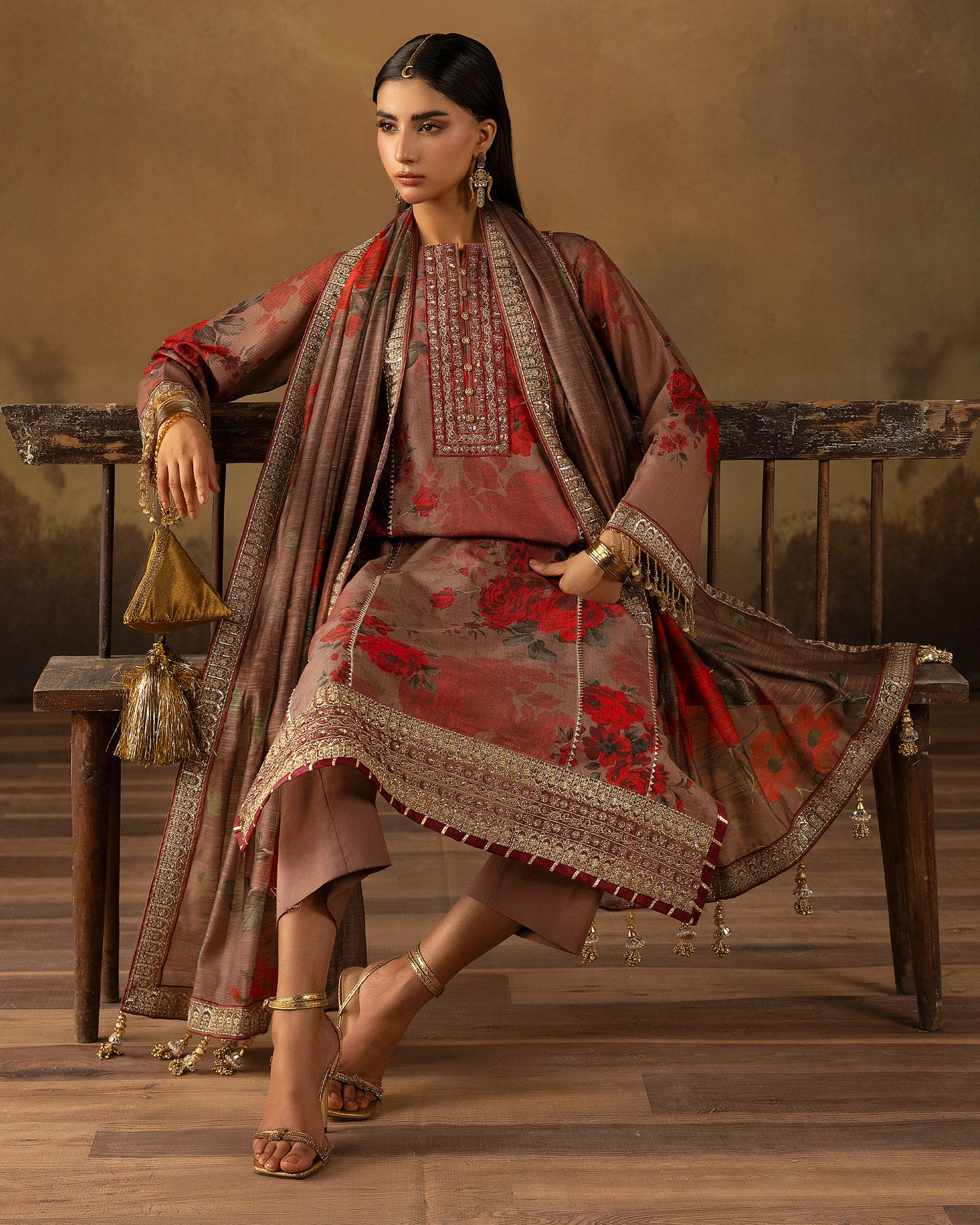 Digital Printed Fancy Chamki Lawn Shirt with  Digital Printed Readymade Fancy Embroidered Four Side Patti Dupatta and Dyed Lawn Trouser