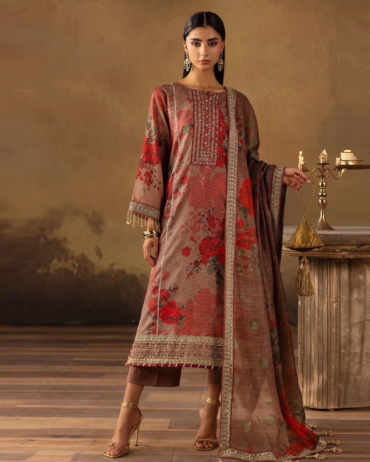 Digital Printed Fancy Chamki Lawn Shirt with  Digital Printed Readymade Fancy Embroidered Four Side Patti Dupatta and Dyed Lawn Trouser
