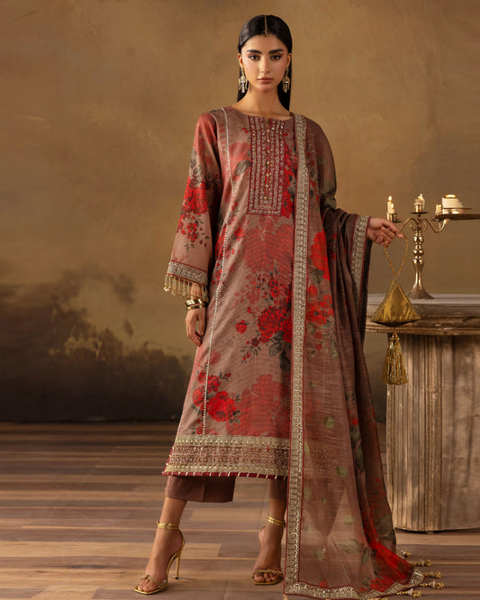 Digital Printed Fancy Chamki Lawn Shirt with  Digital Printed Readymade Fancy Embroidered Four Side Patti Dupatta and Dyed Lawn Trouser