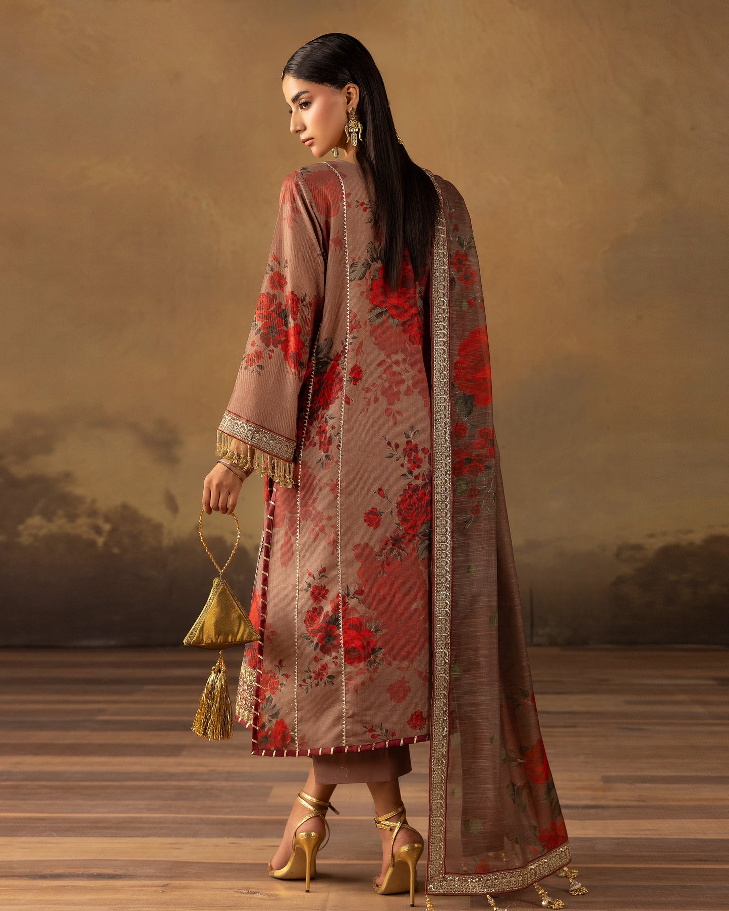 Digital Printed Fancy Chamki Lawn Shirt with  Digital Printed Readymade Fancy Embroidered Four Side Patti Dupatta and Dyed Lawn Trouser